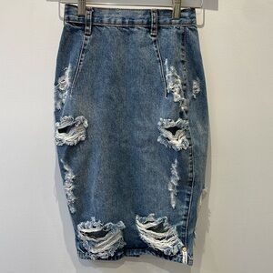 One Teaspoon Freelove Vintage Blue distressed ripped Denim Pencil Skirt 22